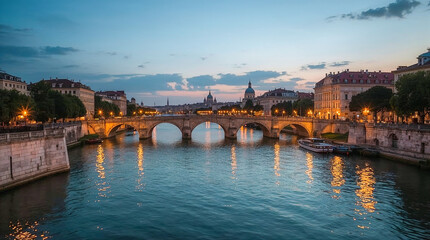 A stone bridge with arched spans illuminated by streetlights crosses a river at dusk, reflecting golden light on the water. Buildings line the riverbanks under a twilight sky.