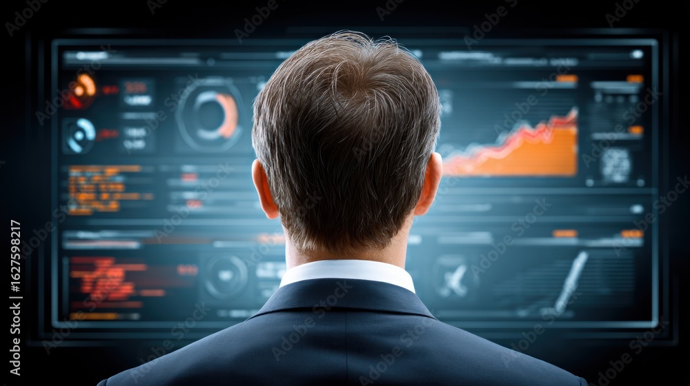 Aufkleber a man in a suit viewed from behind looks at a complex digital screen displaying charts and data busi