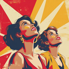 Bold women looking up with red yellow and cream background retro bold colors