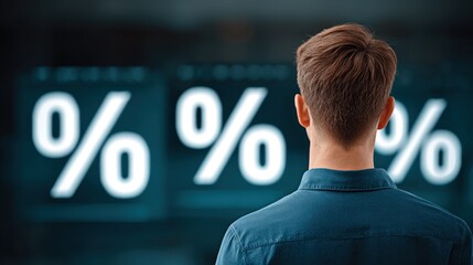 Man viewing glowing percentage signs in the dark representing financial or sales concepts finance business