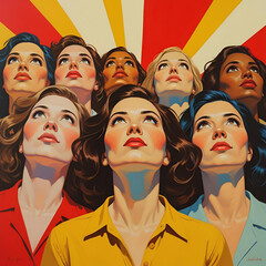 Bold women looking up with red yellow and cream background retro bold colors
