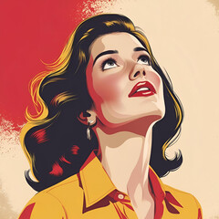 Bold women looking up with red yellow and cream background retro bold colors