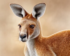 Fototapeta premium Close up portrait of a red kangaroo with large ears and brown eyes against a blurred background Marsupial