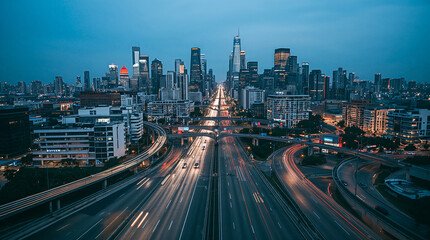 Fototapeta premium A vibrant cityscape unfolds at dusk, with illuminated skyscrapers reaching for the twilight sky and highways buzzing with streaks of light from moving vehicles.