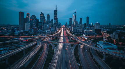 Fototapeta premium A stunning aerial view of a complex multi-level highway interchange in a city at dusk, with light trails from moving cars creating streaks of color against the twilight sky.