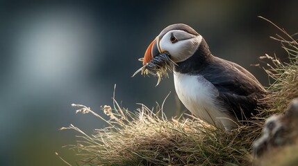 Atlantic puffin with a mouthful of fish on a grassy cliff
