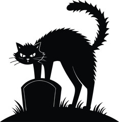 Scary Black Cat Standing on Gravestone Silhouette – Halloween Spooky Vector Illustration