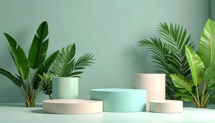Pastel podiums with tropical foliage