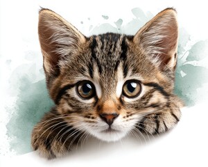 Obraz premium Close up portrait of a curious tabby kitten with big expressive eyes and paws resting on a white surface