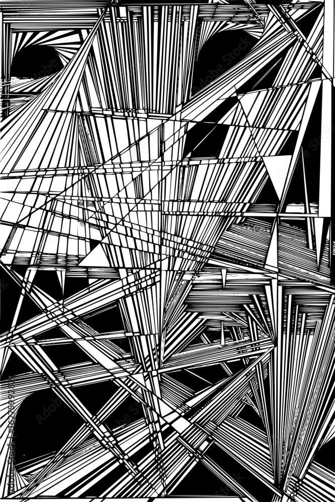 Poster abstract black and white geometric pattern featuring lines triangles and varying densities of shapes