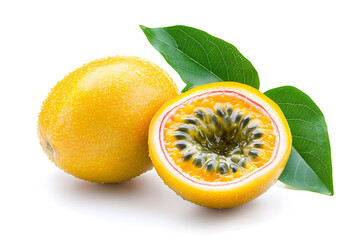 Yellow Passion Fruit with Green Leaf and Halved Slice Isolated on White Background Fresh Tropical Fruit Closeup