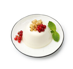 Tasty panna cotta with currants and mint isolated on white