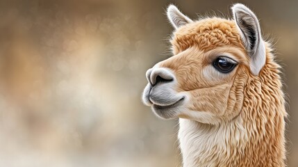 Close up portrait of a light brown alpaca's head facing left with soft blurred background animal closeup