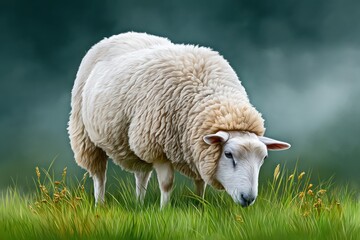 Obraz premium Fluffy white sheep with thick fleece grazes on lush green grass in a soft focus background Wool Animal