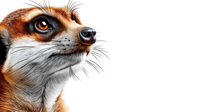 Close up profile of a meerkat with alert orange eyes and detailed fur on a white background Animal Wildlife - Powered by Adobe