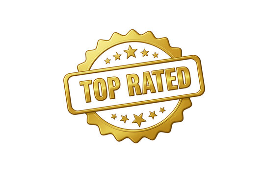 Golden "Top Rated" badge with stars and a textured metallic finish, isolated on transparent background for product excellence and customer reviews
