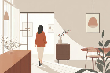 2D vector of a woman walking through a minimalist apartment with soft tones, clean lines, and modern design. --ar 3:2 --v 6.1 Job ID: c9324dce-ee5a-4d72-9b05-1e9cc4b26056