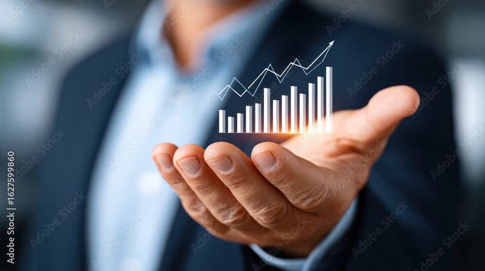 Poster a man's open palm displaying a 3d bar chart with an upward trending line graph business growth finan