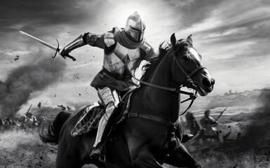 Fototapeta premium Medieval knight on horseback with sword in battle black and white image