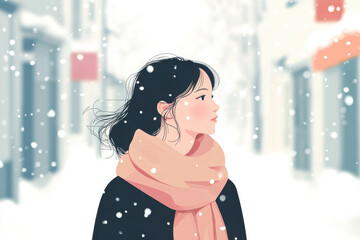 A woman with a scarf, walking through a quiet snow-covered street.