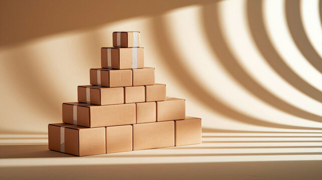 A neatly stacked pile of various-sized cardboard boxes on a clean white background, symbolizing logistics, shipping, delivery, and a new start