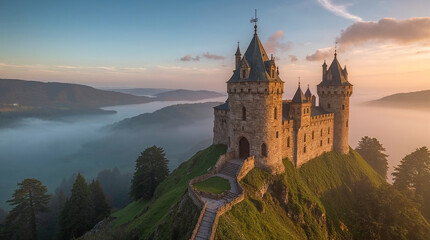 Fototapeta premium Majestic medieval castle perched on a grassy cliff overlooking a misty valley at sunrise, bathed in warm golden light. Fairytale landscape.