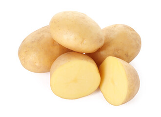 Whole and cut potatoes isolated on white