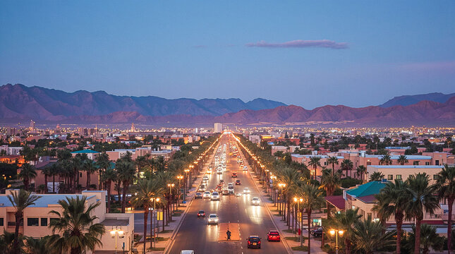 A wide, tree-lined avenue with traffic flows under a twilight sky, leading to a distant cityscape framed by mountains.