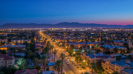Obraz premium An aerial view of a city skyline at dusk, with mountains in the background and streetlights illuminating the palm-lined roads and buildings.