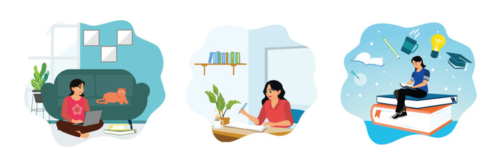 A woman relaxing at home, writing in a book, and reading a book on a pile of books.