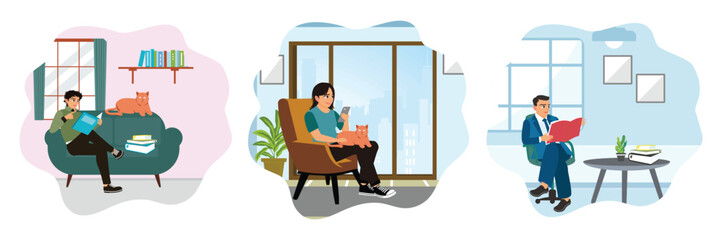 People are relaxing at home, reading books, playing with their phones, and playing with their cats.