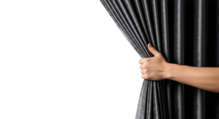 Clean, fair-skinned hand pulling back luxurious dark gray velvet curtain against a vast transparent background with copy space in a professional studio, high angle, high contrast. Concept of a grand