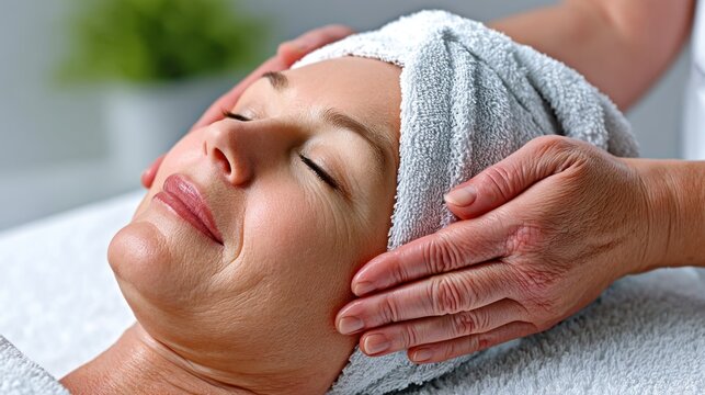 Mature woman receives gentle facial massage with a fluffy towel wrapped around her head face spa beauty