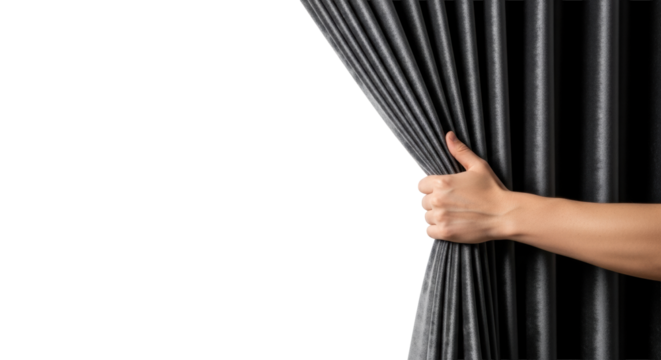 Clean, fair-skinned hand pulling back luxurious dark gray velvet curtain against a vast transparent background with copy space in a professional studio, high angle, high contrast. Concept of a grand