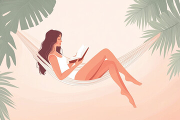 young woman lounging in a hammock, reading a book.