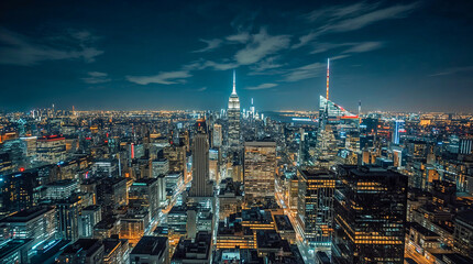 A breathtaking aerial view of the New York City skyline at night, illuminated by countless lights, with the iconic Empire State Building prominent.