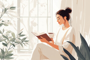 Young woman standing by a window with a cup of tea, looking outside, with soft, muted colors and clean lines. 