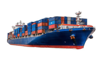 Large cargo ship, filled with containers, in profile view