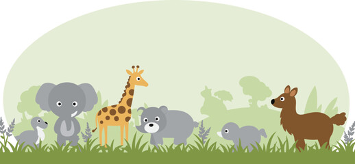 Cute cartoon animals in a grassy savanna setting. Child-friendly illustration of an elephant, giraffe, bear, deer, and duckling standing together in a peaceful, stylized landscape.