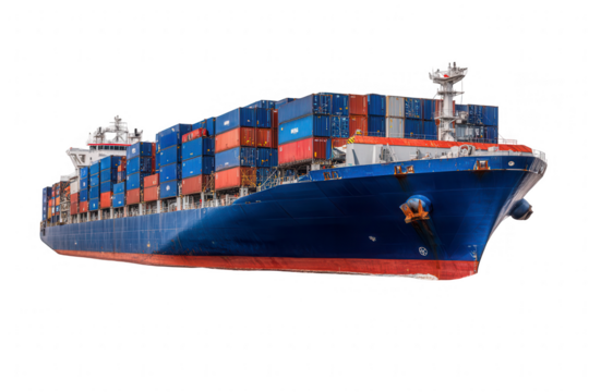 Large cargo ship, filled with containers, in profile view