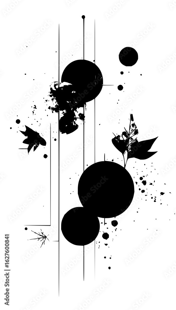 Poster abstract black and white design featuring circles lines and botanical elements with splatters and mi