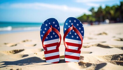 Patriotic flip-flops rest in the sand on a sunny beach