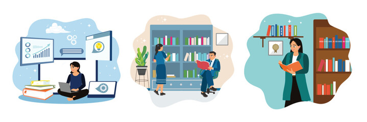 Woman working with technology and charts. Men read books and women choose books on the bookshelf.