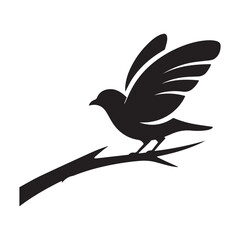 A black and white line drawing of a stylized bird perched on a slender branch.