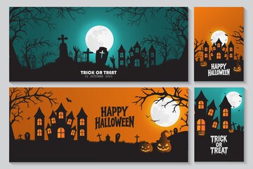 Happy halloween with spooky cartoon cards or banners with bats, pumpkins, ghosts, City panorama in halloween style. Scary halloween isolated poster background, city panorama in halloween background