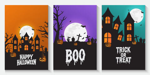 Happy halloween with spooky cartoon cards or banners with bats, pumpkins, ghosts, City panorama in halloween style. Scary halloween isolated poster background, city panorama in halloween background