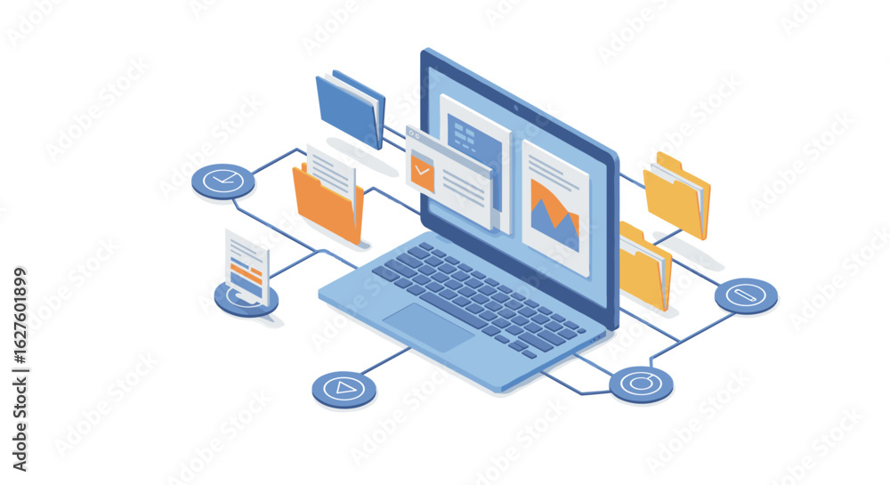 Aufkleber isometric design of a digital workspace with laptop and networked folders