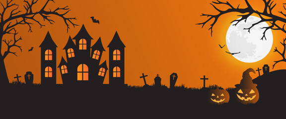 Happy halloween with spooky cartoon cards or banners with bats, pumpkins, ghosts, City panorama in halloween style. Scary halloween isolated poster background, city panorama in halloween background