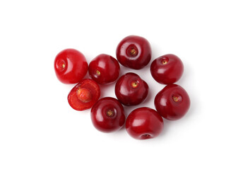 Yummy ripe red cherries isolated on white, top view