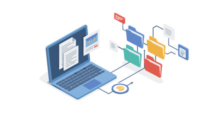 Obraz premium Digital data management concept with laptop, documents, and connected folders
